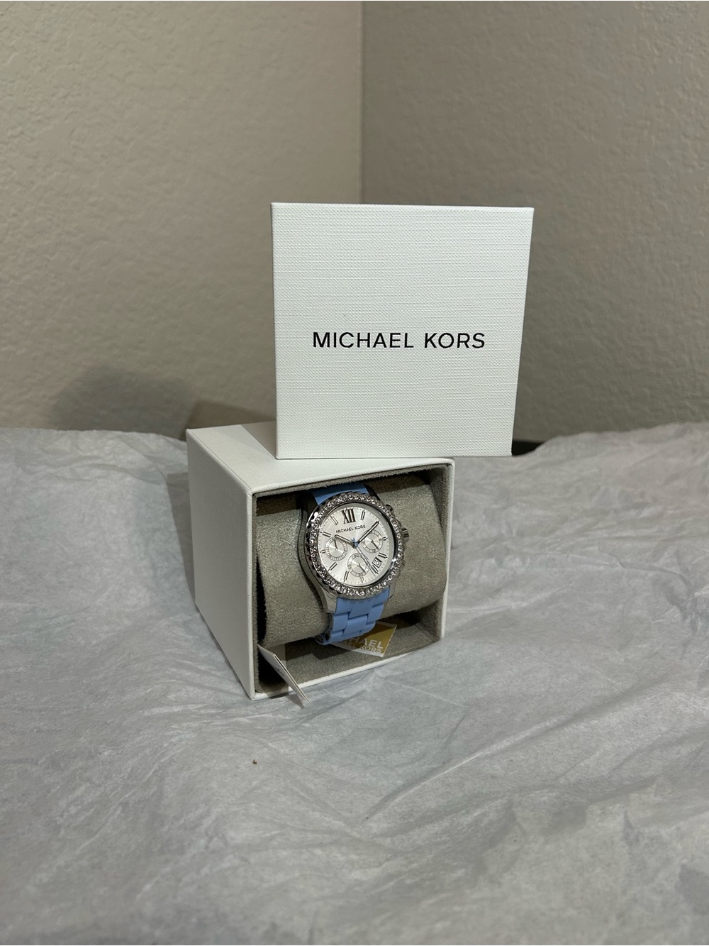 Michael Kors Silver Dial Watch with Light Blue Strap and Crystal Bezel, New